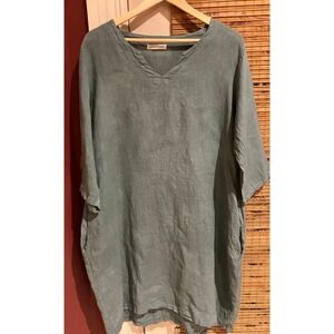 Made In Italy Linen V Neck 3/4 Sleeve Tunic Dress Top Blue Lagenlook